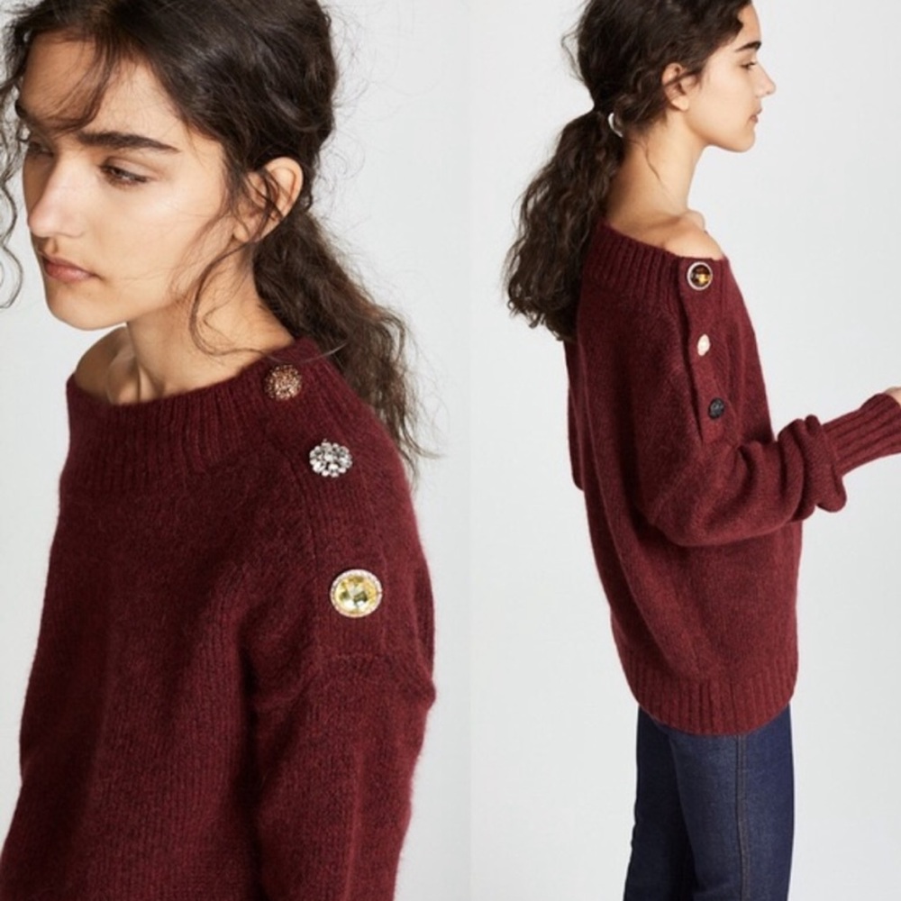 Veronica Beard Dark Red Scoop Neck Embellished Sweater
